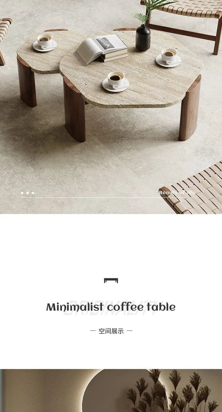 Solid wood travertine coffee table small tea small apartment living room household round balcony special-shaped rock slab Intern