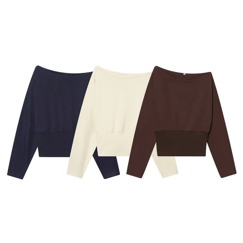 Women's Sweatshirt 2026 New Fashion Spring Brown Asymmetrical Off-Shoulder Solid Sweatshirt  for Women Chic Personality Top