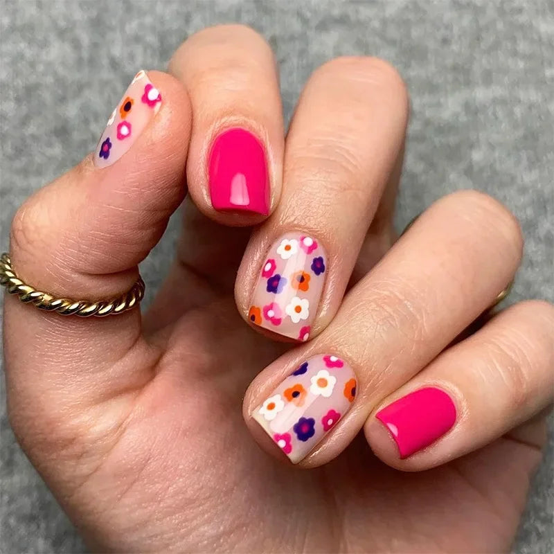 24Pcs Short Almond Press-On Nails Pink Floral French Tip Glossy&Elegant Full Cover Fake Nails for Women&Girls Spring,Daily Wear
