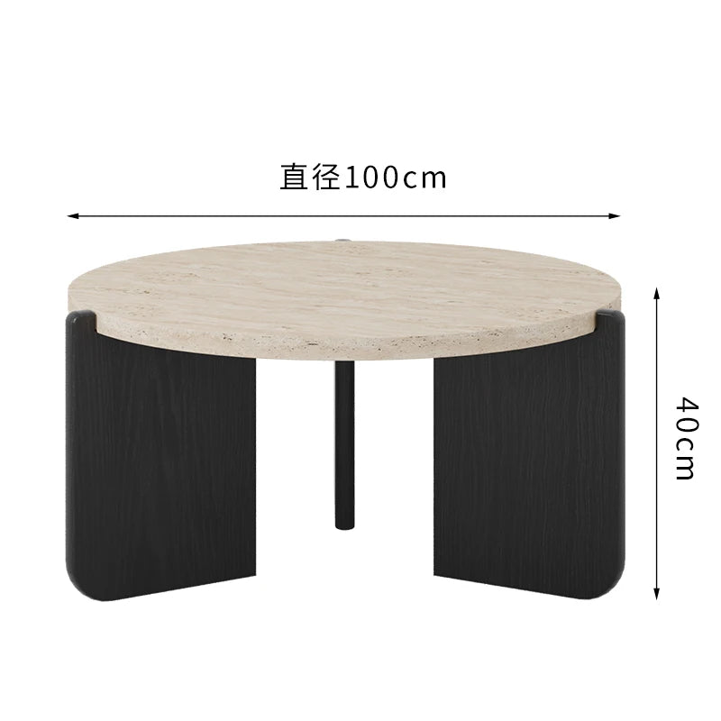 Wabi Sansan Solid Wood Travertine Coffee Table Household Coffee Table Living Room Minimalist Round Natural Travertine Rock Slate