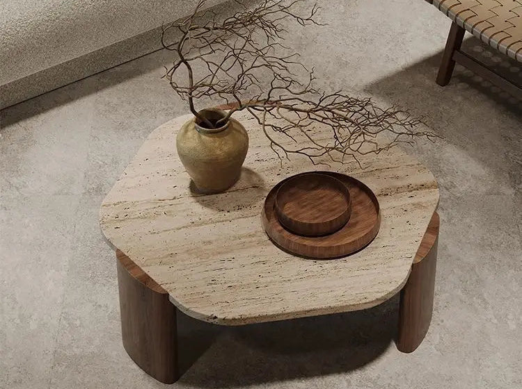 Solid wood travertine coffee table small tea small apartment living room household round balcony special-shaped rock slab Intern
