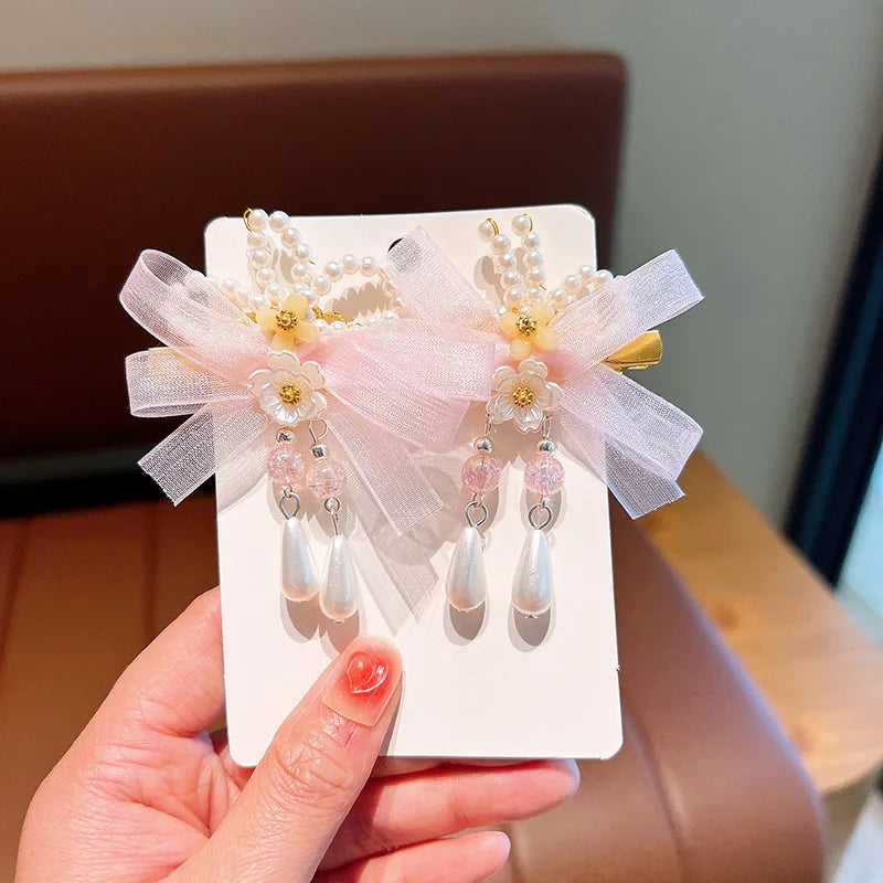 Pink and Blue Ribbon Tassel Hairpin Hair Clip for Children Girl Ancient Style Hanfu Hair Pins Cosplay Hair Accessories