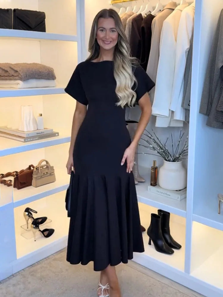 HH 2026 Women Summer Fashion Solid Midi Dress Side Zipper Pleated Woman Ship-type Short Sleeved Stitching Holiday Party Dress
