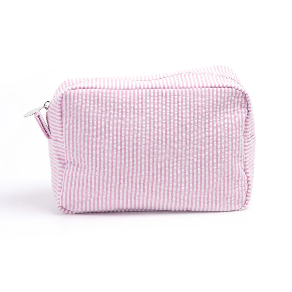 Seersucker Ruffle Cosmetic Bag – Pink/Purple Stripes