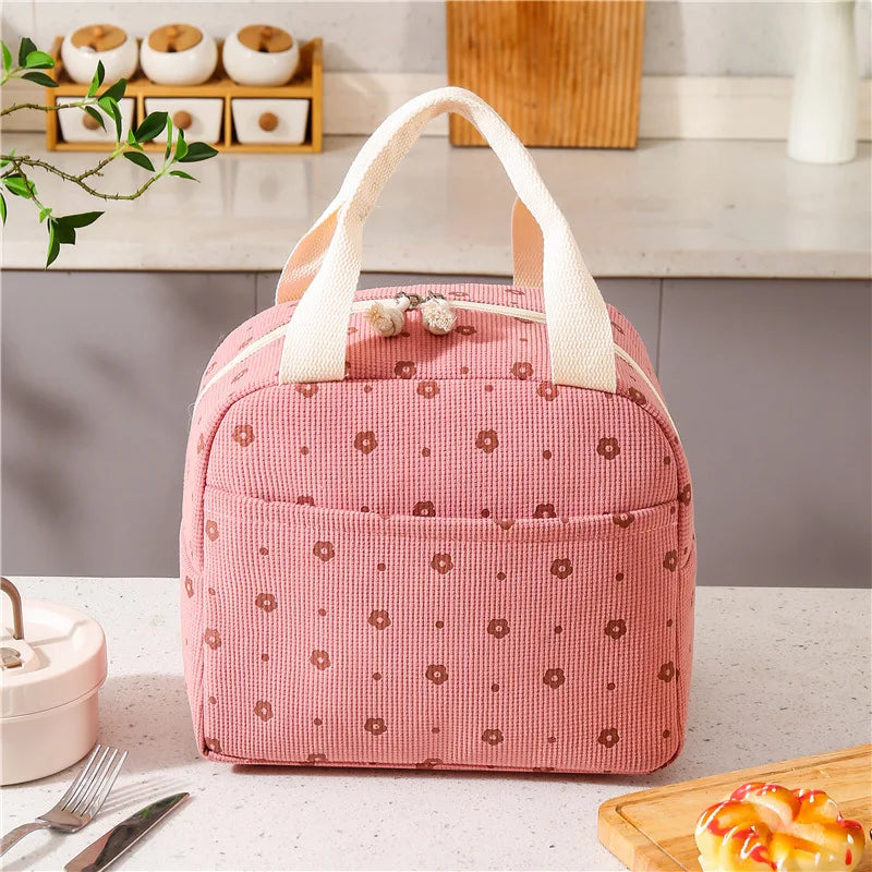 Thermal Insulation Corduroy Lunch Bag - Multifunctional Picnic Food Pouch & Storage Handbag, Cooler Bag Perfect for Kids School