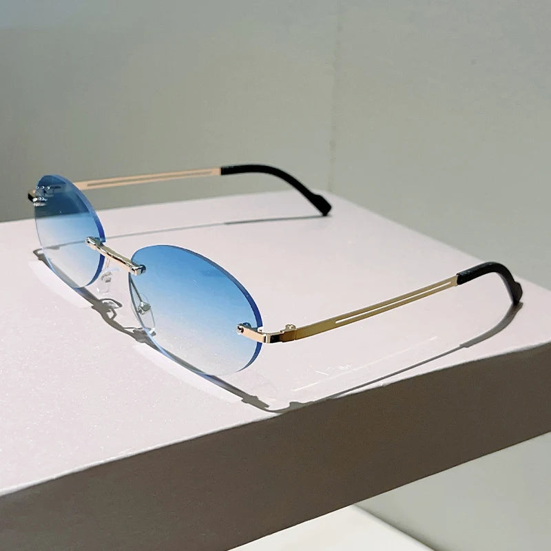 Rimless Oval Sunglasses Women Fashion Gradient Decor Shades Eyewear New Trendy Vintage Brand Design Casual Eyeglasses