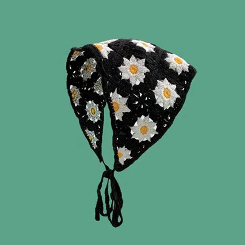 Korean Sweet Cute Handmade Crochet Hollow Triangle Headband Towel Women Spring and Summer Travel Literary Photo Hair Scarf