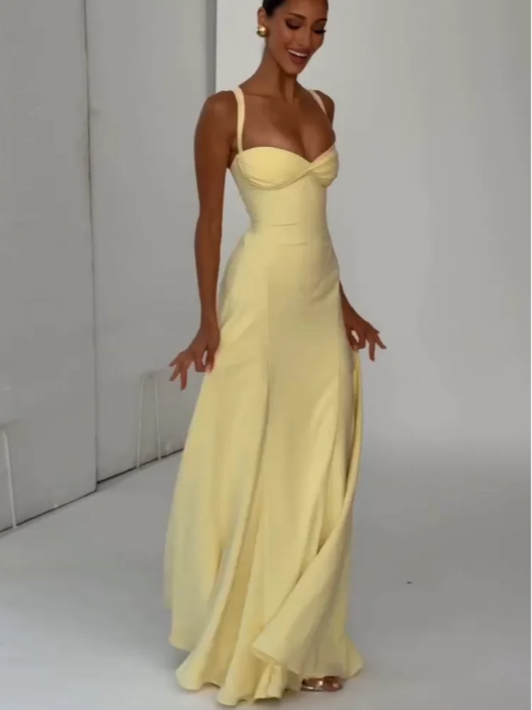 Yellow Low Cut Backless Long Dress Women Chic Lace Up High Waist Sleeveless Waist Cinching Slim Sling Dresses Lady Party Robes