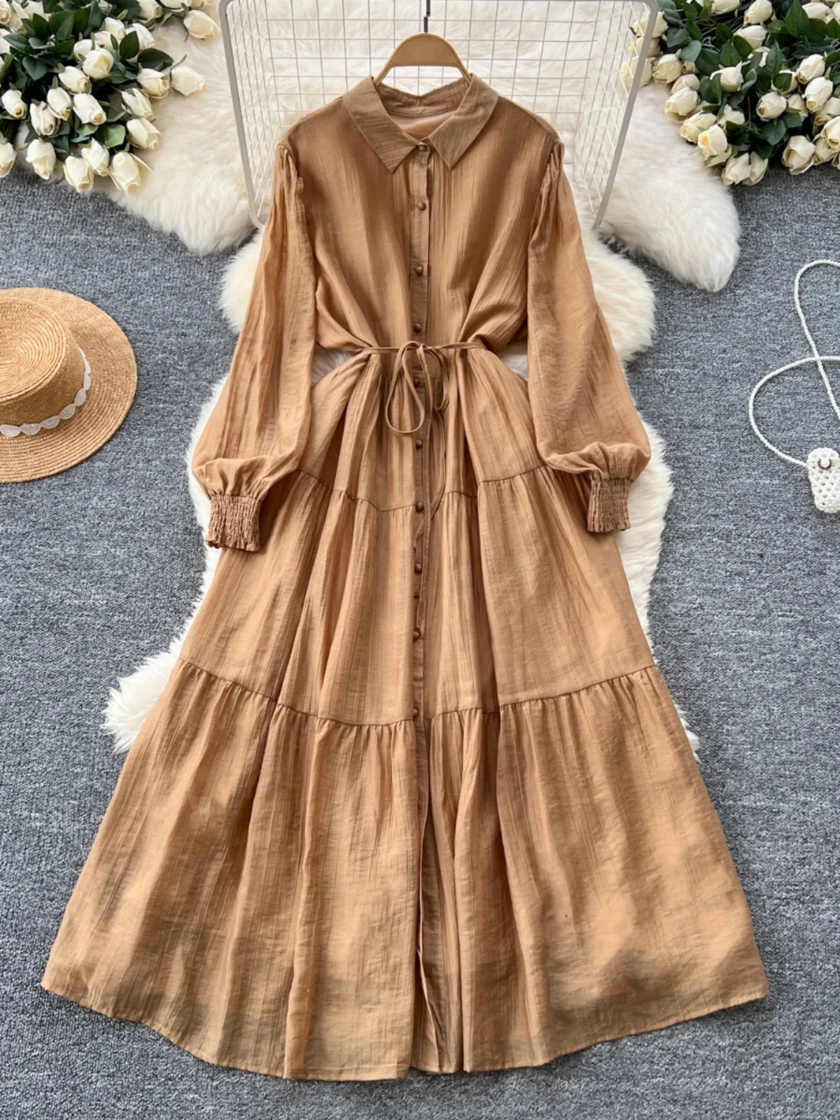 Chic Vintage Casual Long Sve irt Dr Women Loose Waist Cinched Faionable Long Skirt Korean Sle High Waist A-Line
