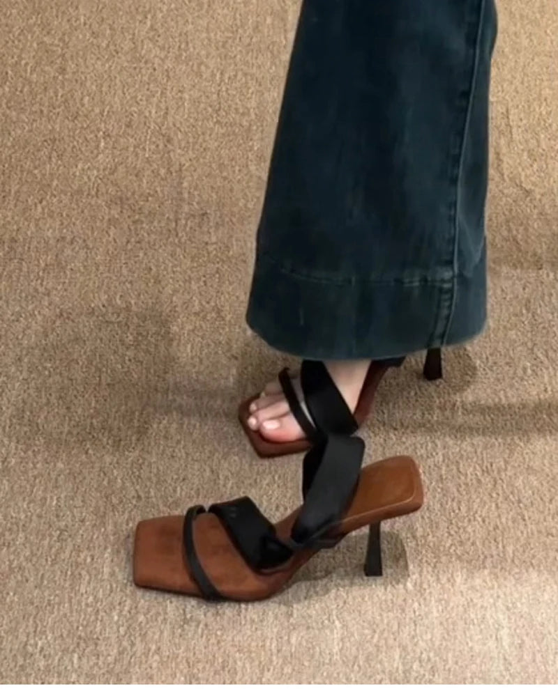 Luxury Designer Summer Women Sandals Fashion Square Toe High Heel Party Dress Shoes Banquet Striptease Sandalias