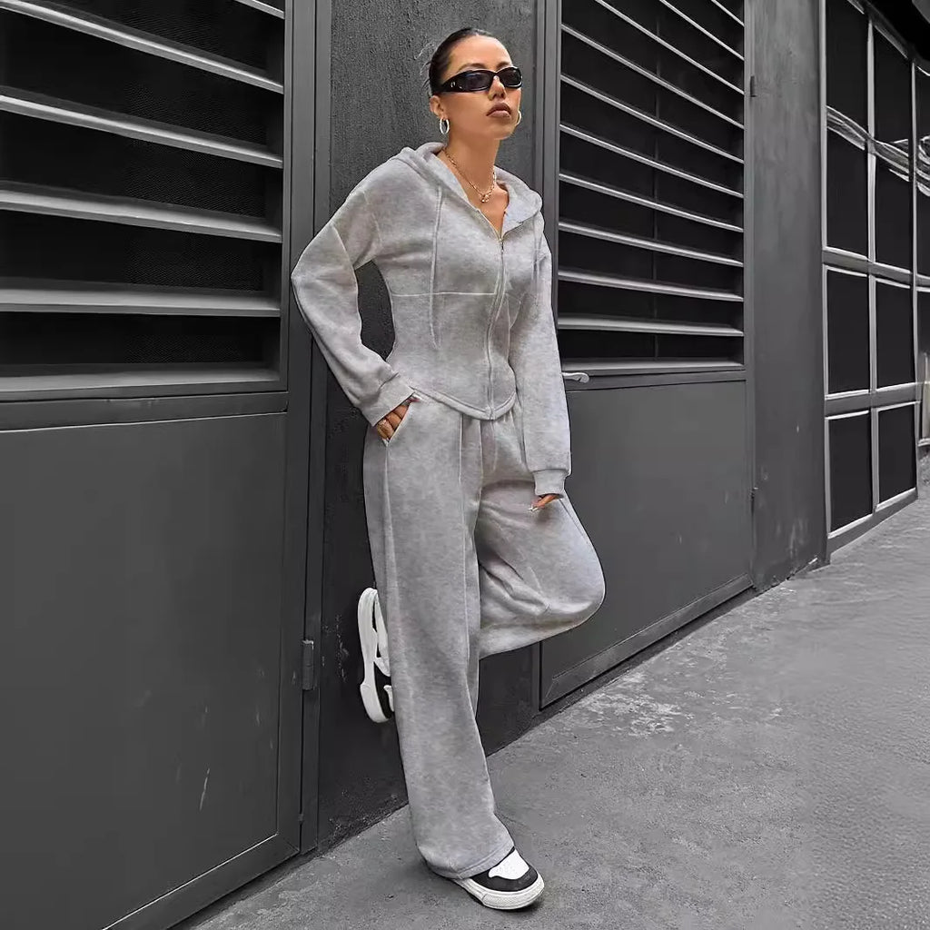 Sweatshirt Two-piece Set Women's Casual Sports Suit Spring Autumn Zip-up Slim Hoodies Short Coat Straight Trousers 2-piece Sets