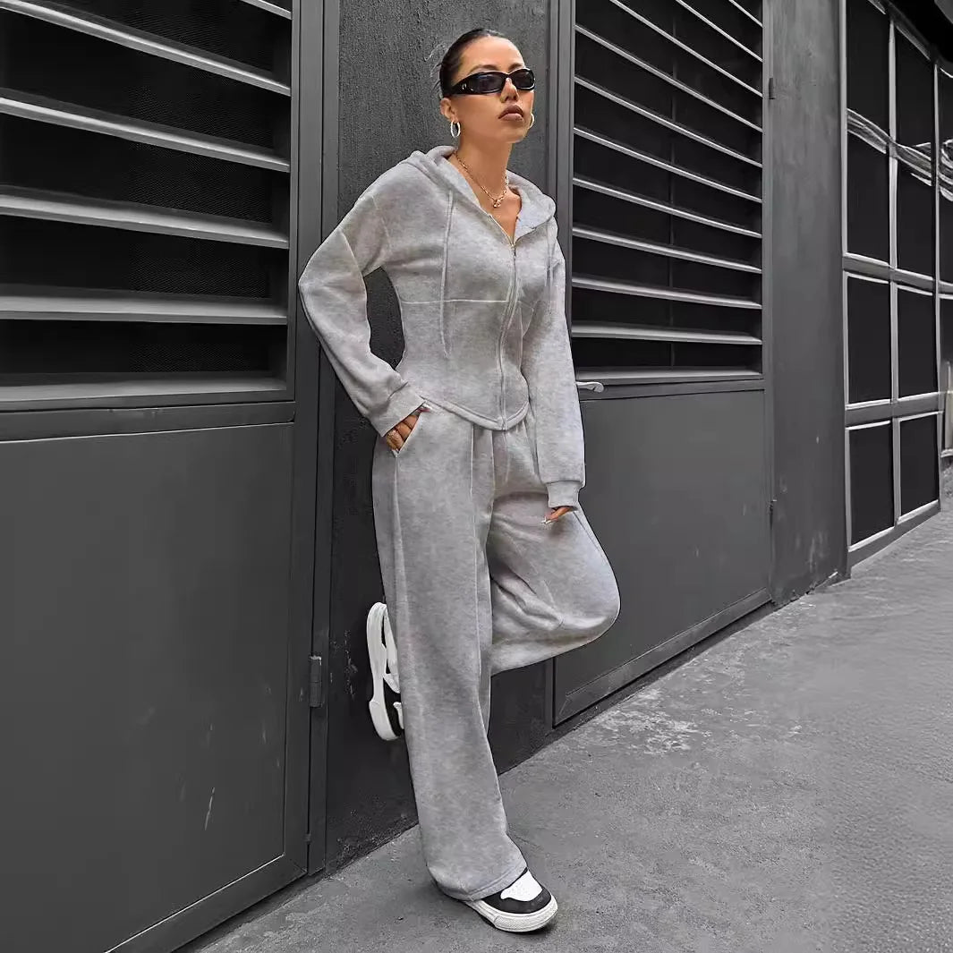 Sweatshirt Two-piece Set Women's Casual Sports Suit Spring Autumn Zip-up Slim Hoodies Short Coat Straight Trousers 2-piece Sets
