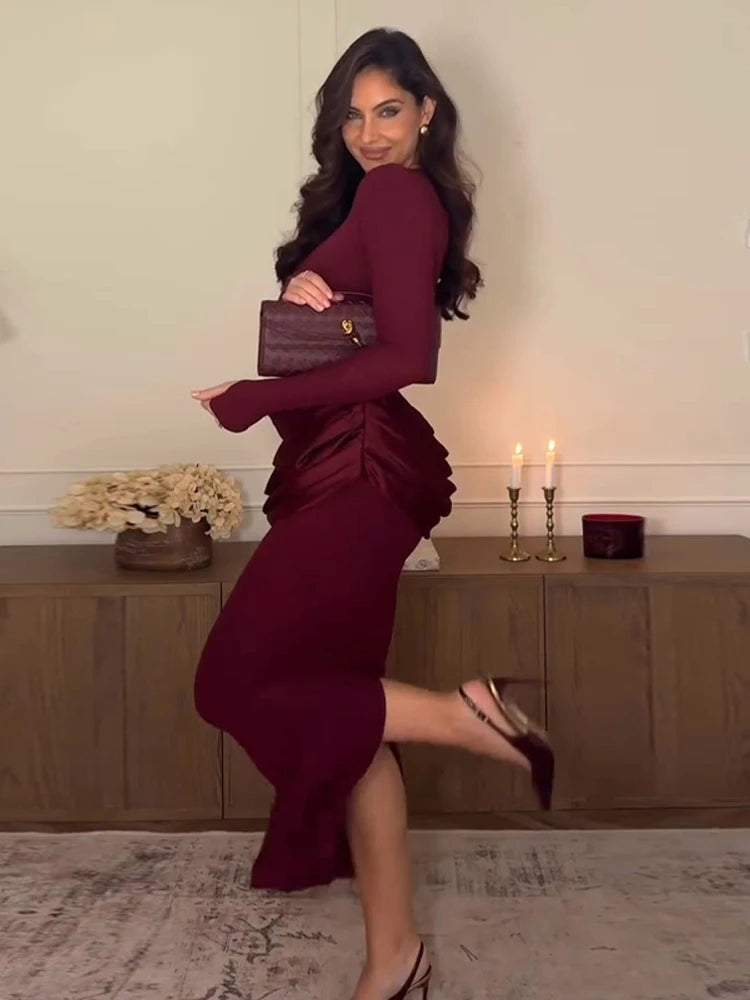 Women Burgundy Long Sleeve Maxi Dress Satin Ruched Waist Bodycon Style Robe Female Autumn Winter Dinners Parties Evening Events