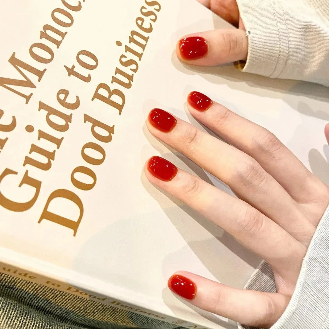 24Pcs Solid Color Wine Red Design Press on Nail Short Square False Nails Simple Detachable Finished Full Cover Nail Tips
