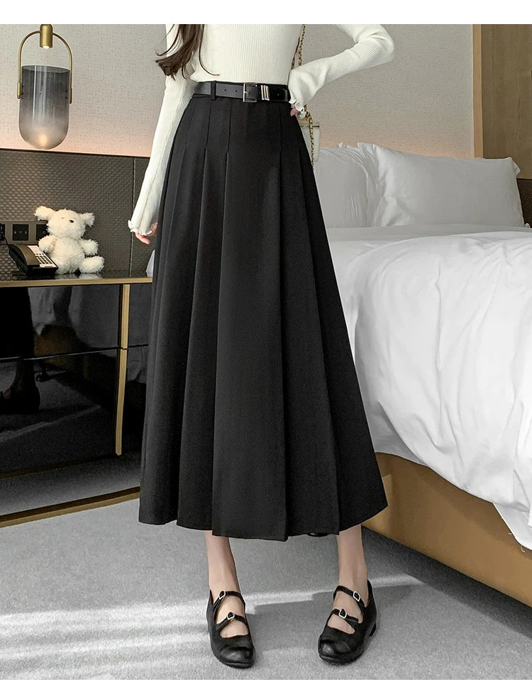 [EWQ] Elegant Solid Color Mid-Length All Match Skirt For Women 2026 Spring Summer Loose High Waist A-Line Pleated Skirts 16O9169