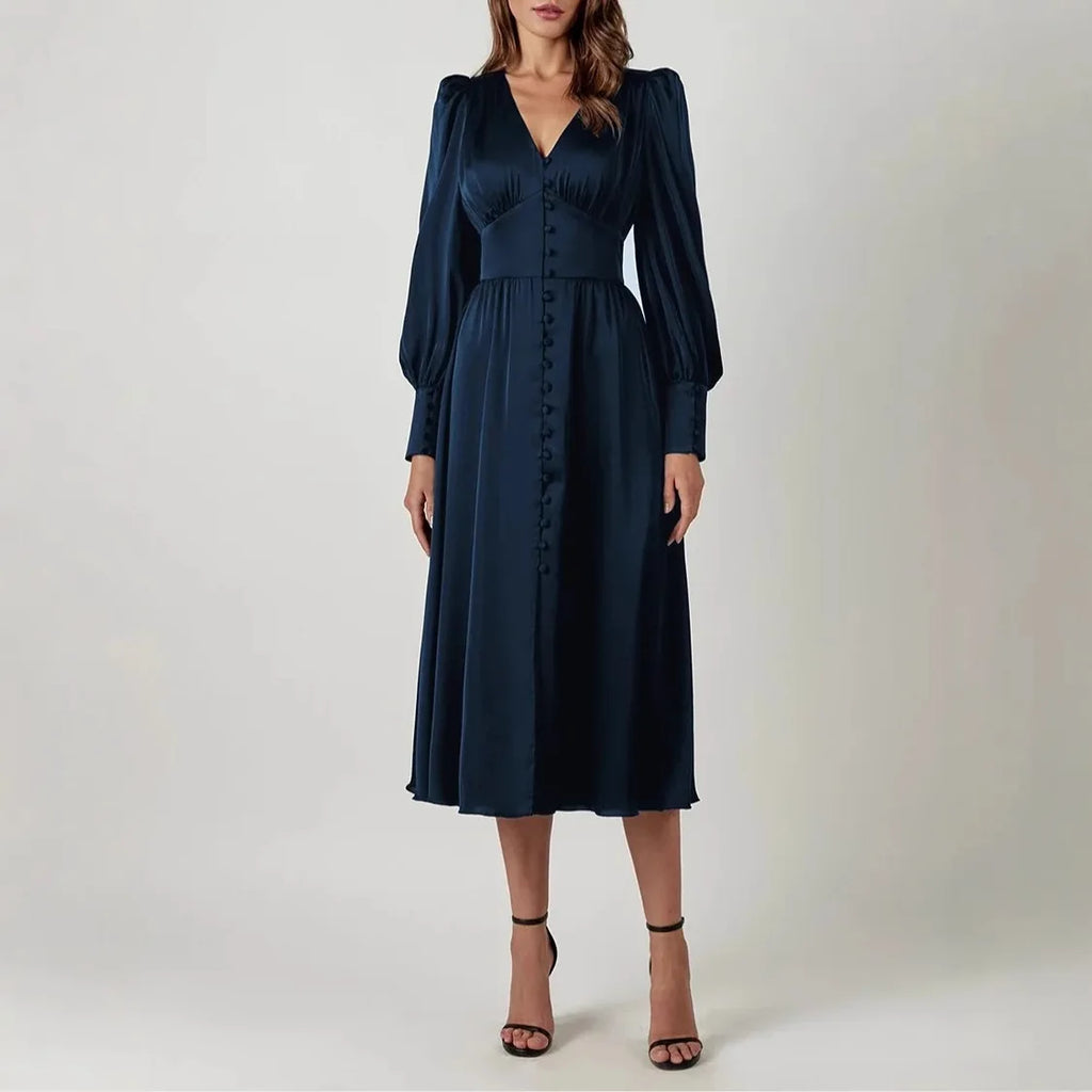 2026 Women's Fashion Satin Dress Lantern Sleeve Waist Slimming Style Elegant Slim Long Dress