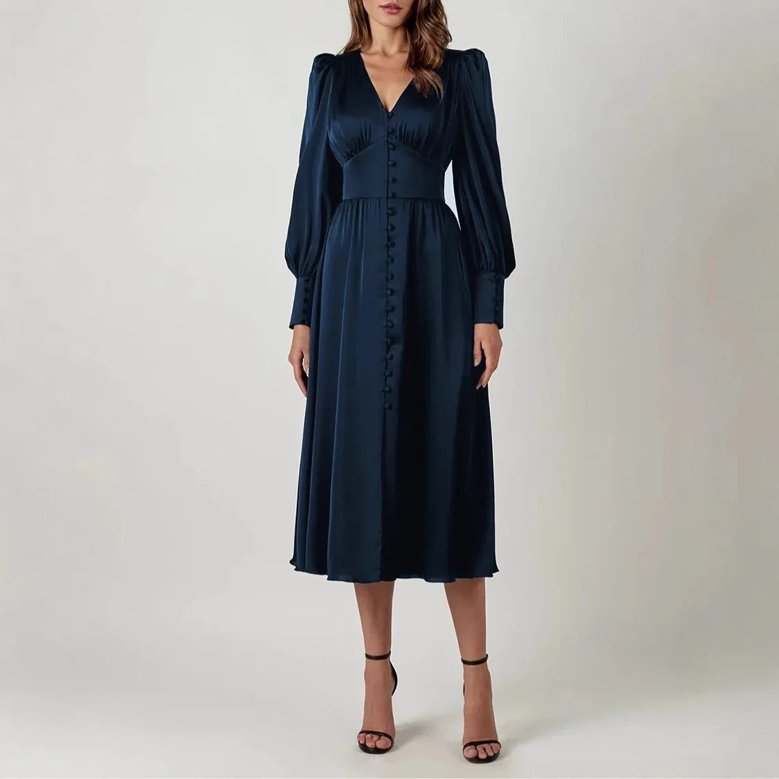 2026 Women's Fashion Satin Dress Lantern Sleeve Waist Slimming Style Elegant Slim Long Dress