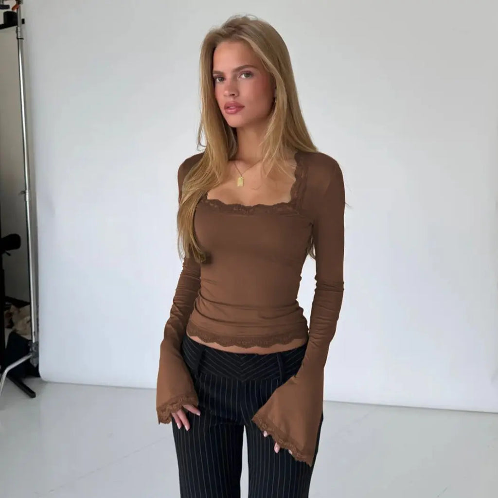 Blouse T-shirt Women Autumn/Winter Seductive Long-sleeved Ribbed Lace Trim U-neck New Comfortable Minimalist Fashionable Casual