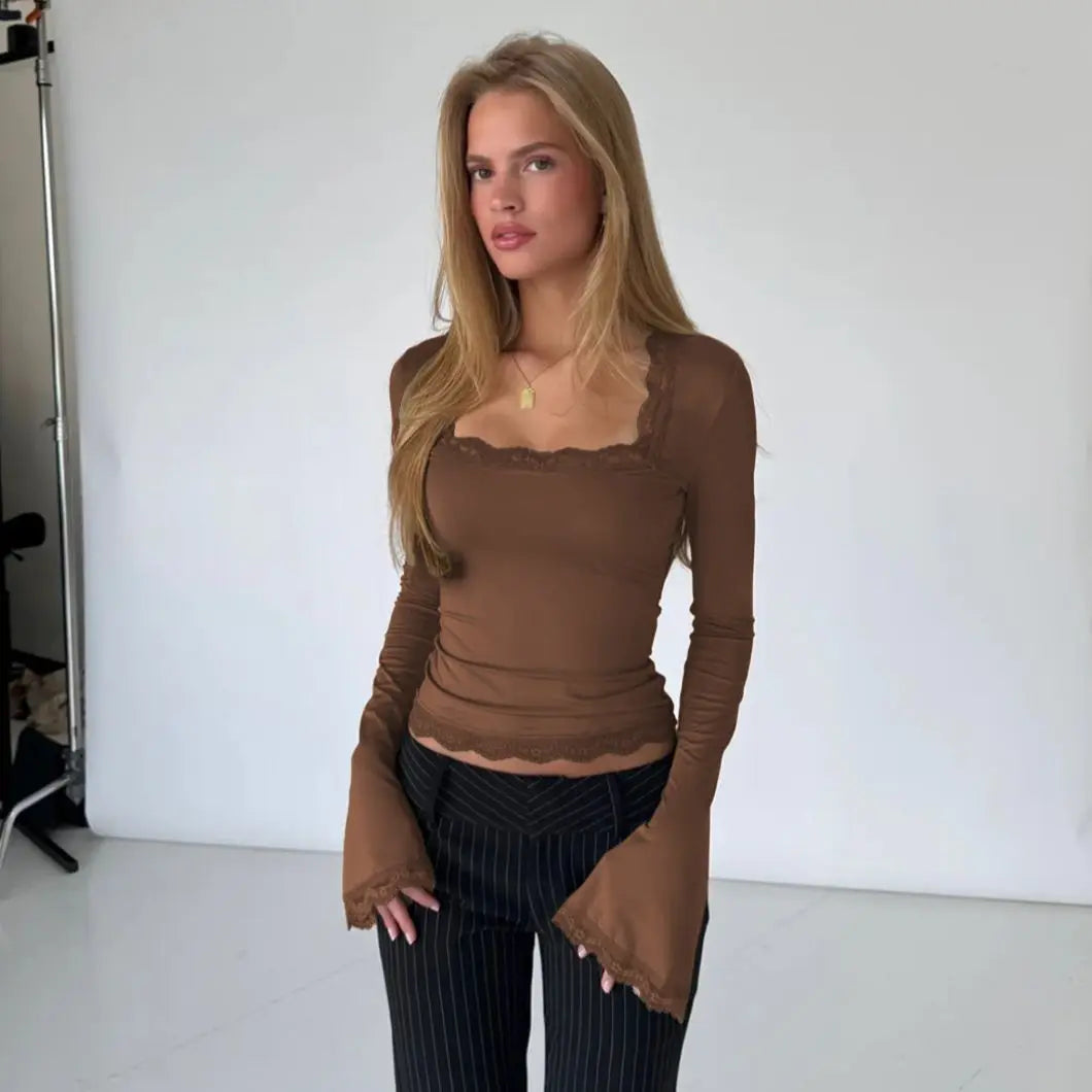Blouse T-shirt Women Autumn/Winter Seductive Long-sleeved Ribbed Lace Trim U-neck New Comfortable Minimalist Fashionable Casual