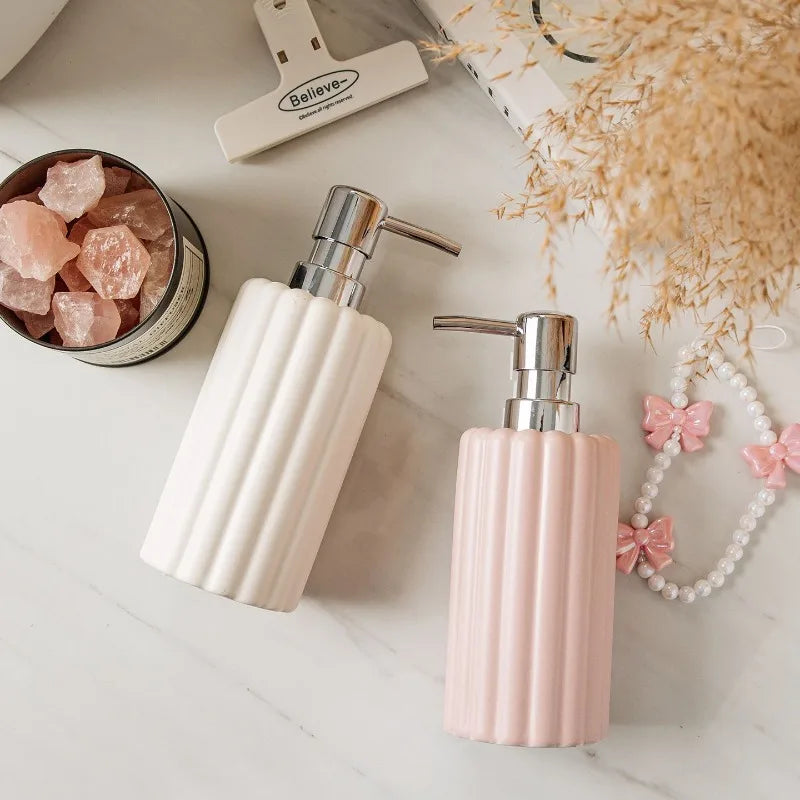 400ml Ceramic Lotion & Soap Dispenser – Pink & White Stripes