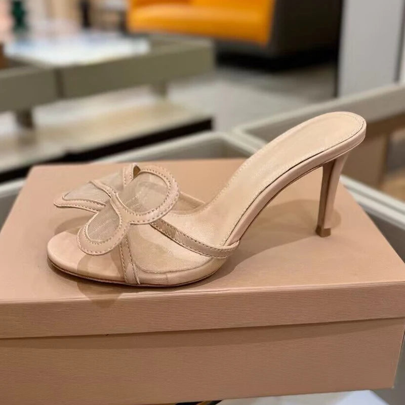 2025 New High Heels Slippers Women Mesh Big Butterfly-knot Thin Heels Lazy Sandals Summer Slides Fashion Party Dress Shoes