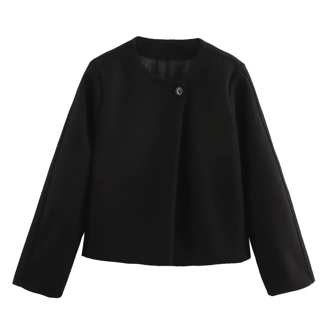 Fashion Women Solid Round Neck Woolen Short Coat Elegant Full Sleeve One Button Loose Women's Jacket 2024 Fall Winter Daily Wear