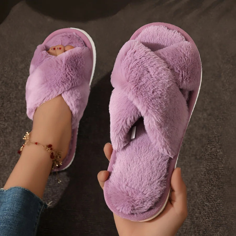 Women’s Furry Cross Band Slippers