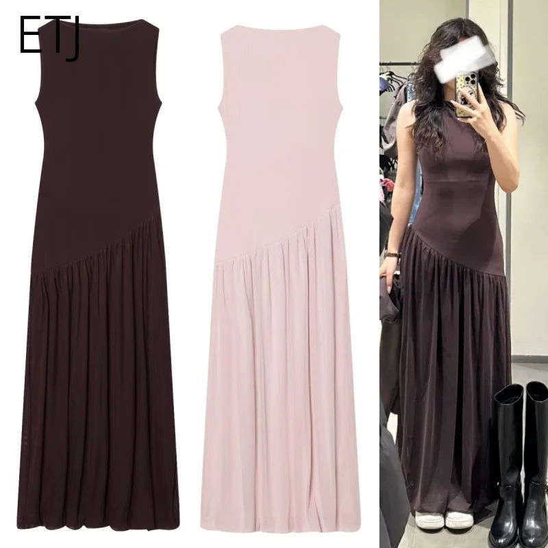 ETJ Women Brown Sleeveless High Neck Midi Dress Pleated Skirt Flowy Wrap Dress Minimalist Elegant Office Party Wear 2026