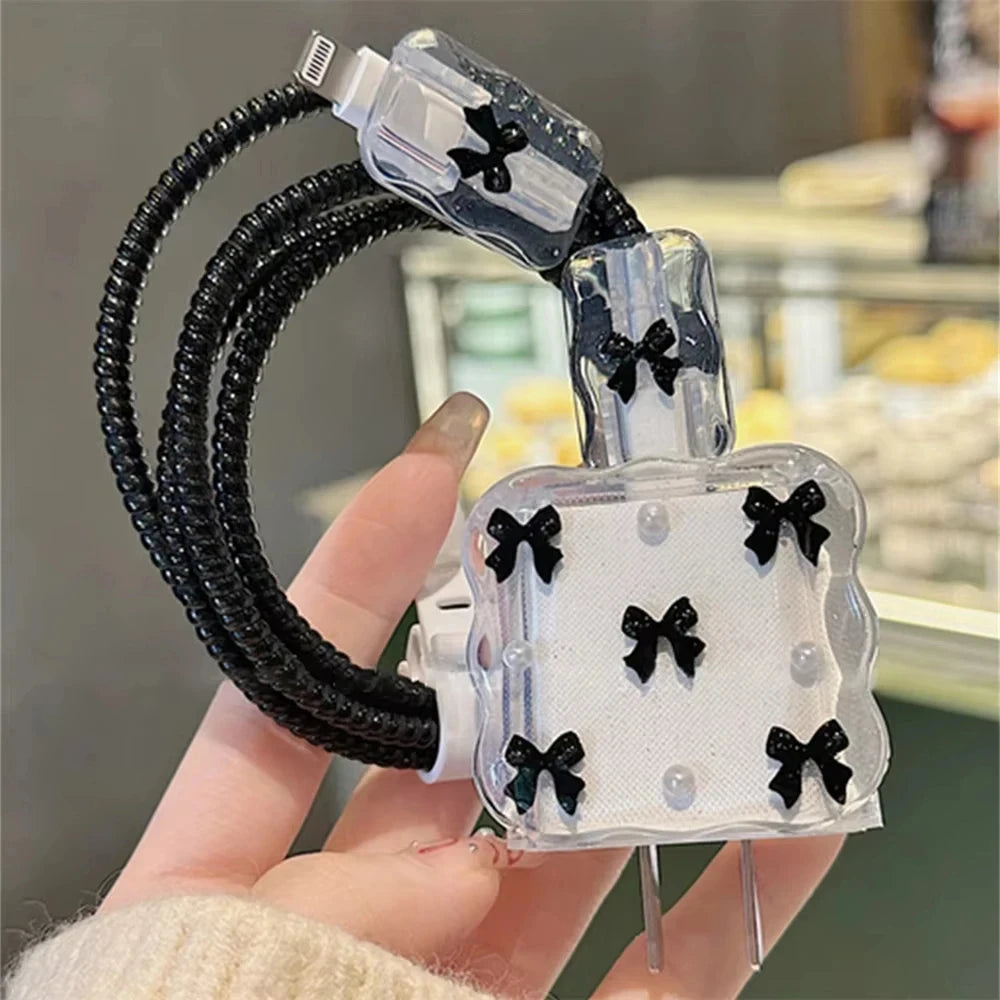 Korean Clear Black Bow Charge Protective Case For iPhone 18W-20W US Data Line Charger Protector Cover Charger Sleeve Accessories