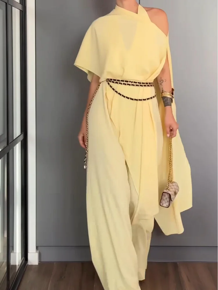 Elegant Solid Jumpsuit Scarf Set Women Street Sleeveless V-neck Jumpsuits Long Pants Female 2025 Fashion Summer Fall Lady Suits
