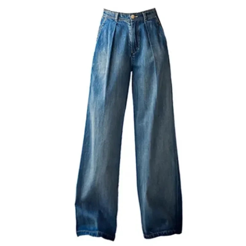 Jeans Wide Leg Pants Women High Waist Washed Distressed Pockets Basics Straight Trousers Denims Streetwear Vintage Floor Length