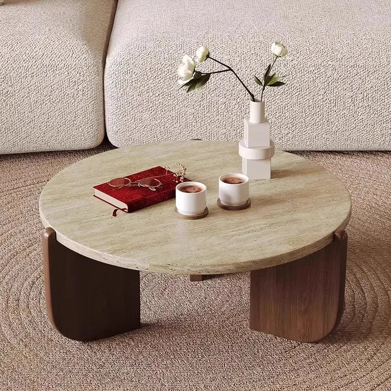 Wabi Sandy Wind Solid Wood Travertine Coffee Table Minimalist Small Tea Table Small Apartment Living Room Household Round Balcon