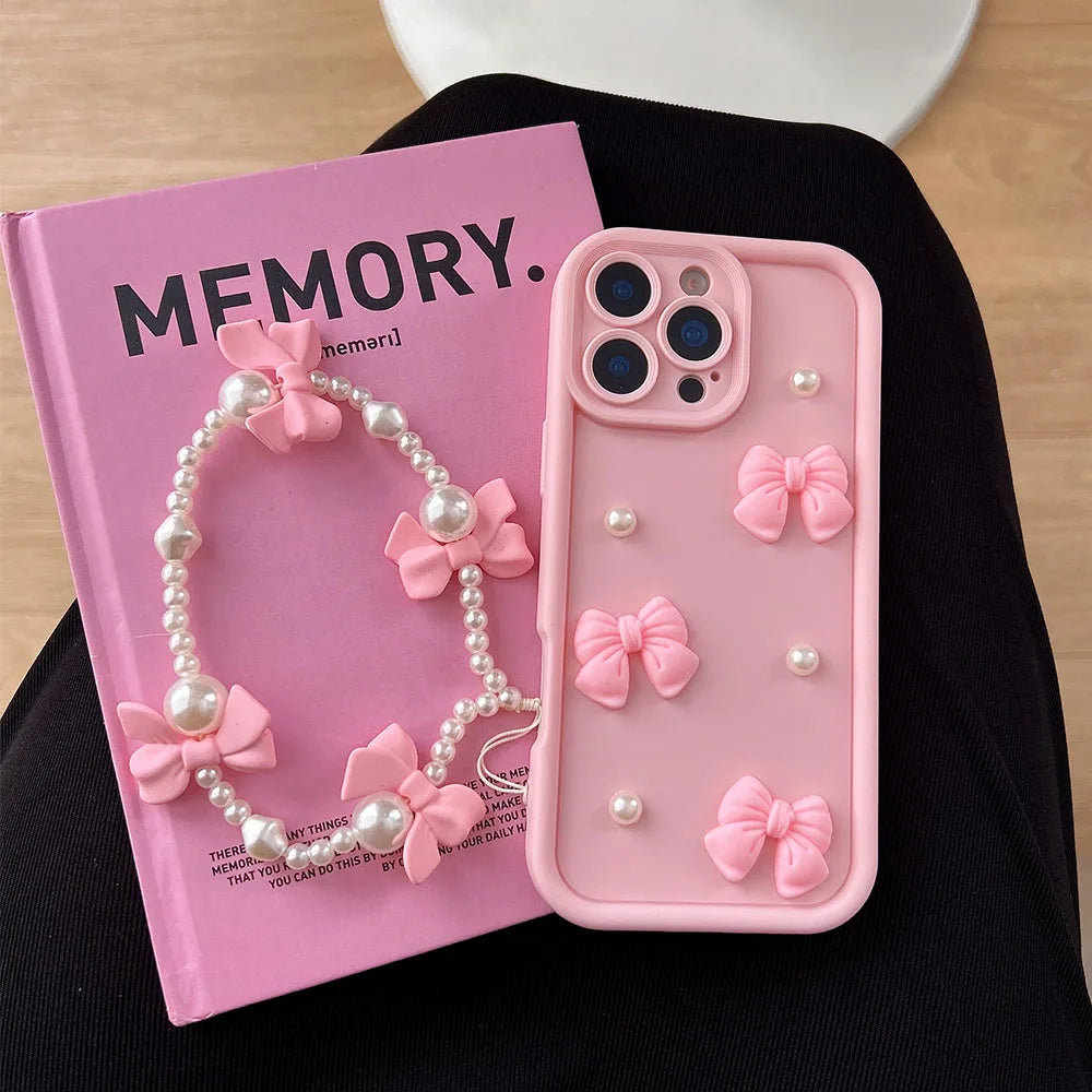 Pearl Bow Chain Phone Case For Redmi Note 14 13 12 11 10 9 8 Pro Plus 11s 13C 12C Women Silicone Back Cover