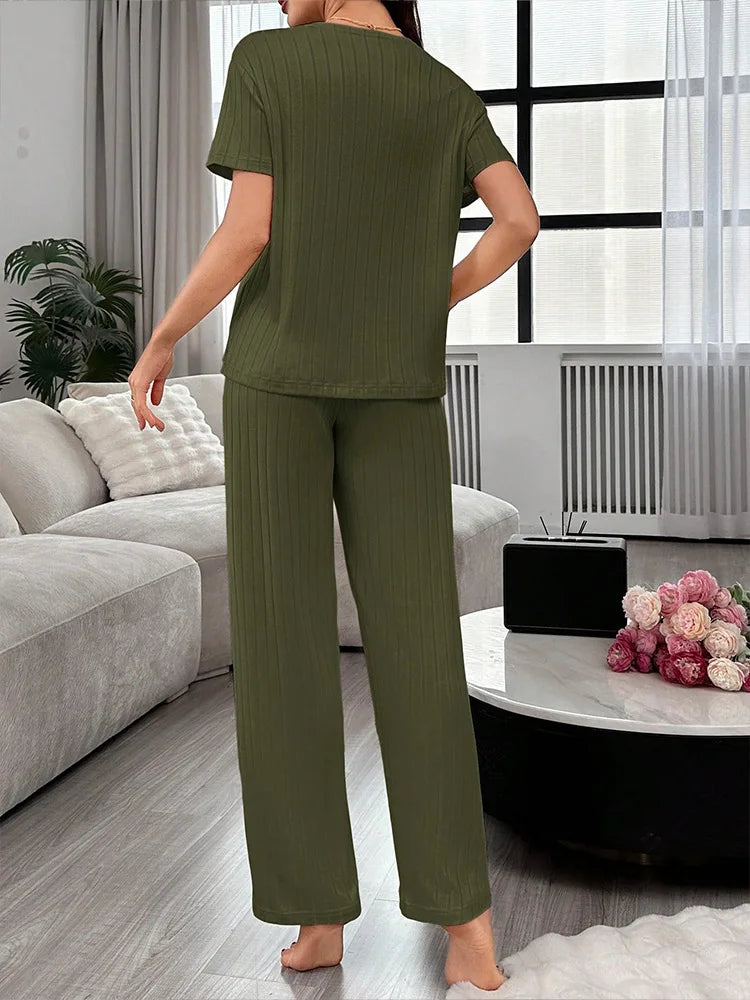Women Summer Pajamas Set Short Sleeve V-neck Solid Rib T-shirt with Pants Loose Sleepwear Homewear Female Casual Loungewear