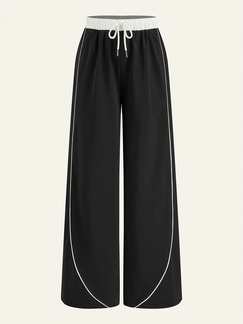 Women's Black & White Color Block Elastic Waist Wide Leg Pants | Euro Style Drawstring Piping Draped Flattering Casual Sports Tr