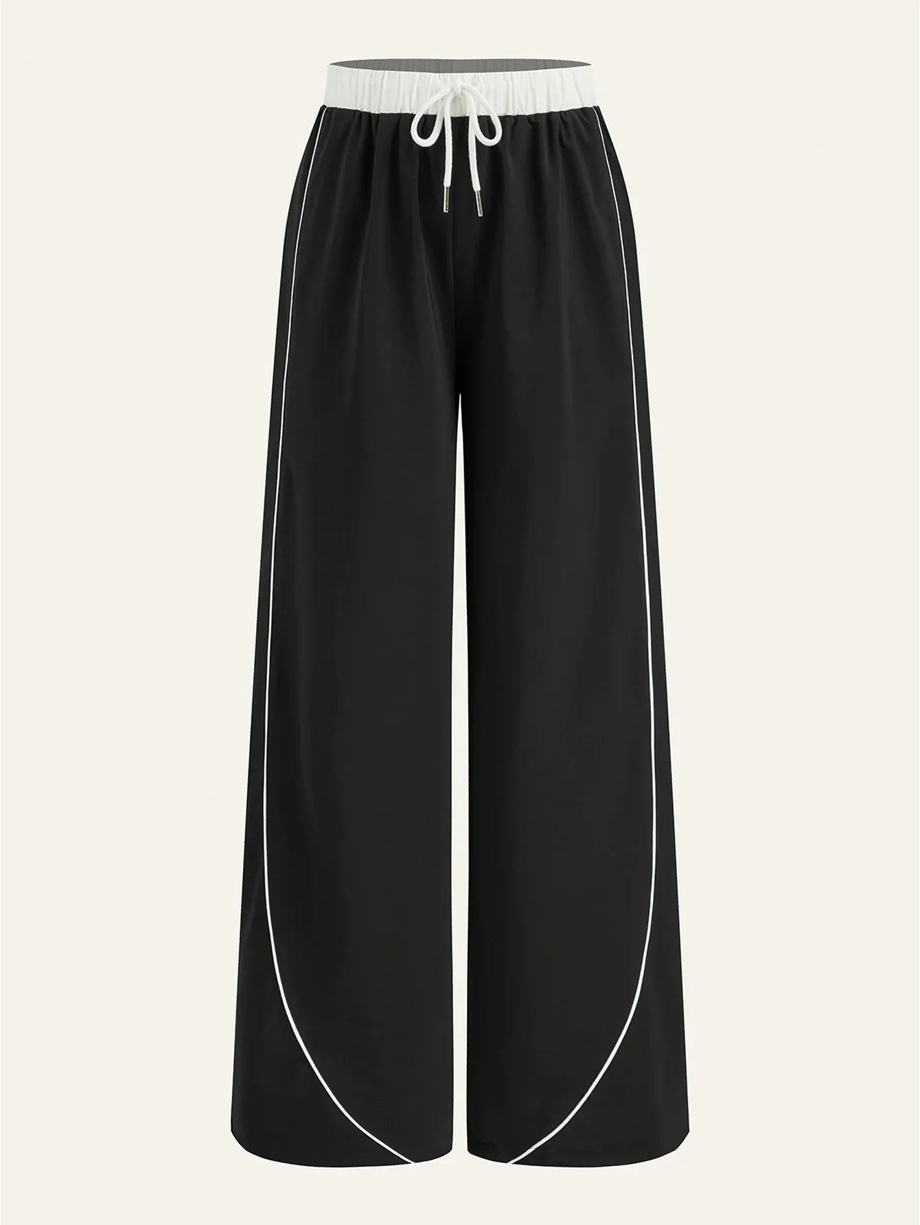Women's Black & White Color Block Elastic Waist Wide Leg Pants | Euro Style Drawstring Piping Draped Flattering Casual Sports Tr