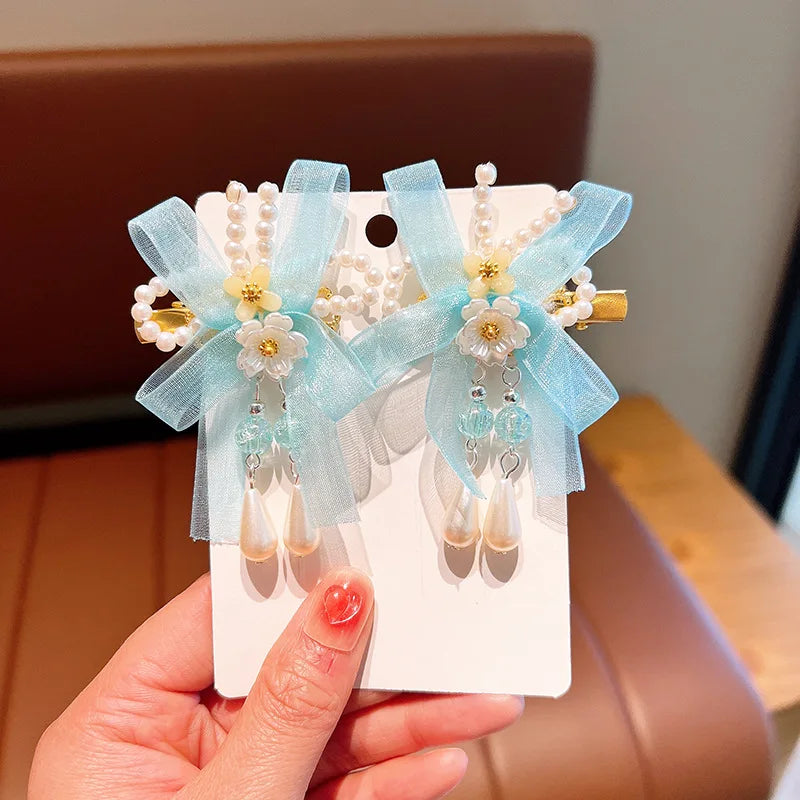 Pink and Blue Ribbon Tassel Hairpin Hair Clip for Children Girl Ancient Style Hanfu Hair Pins Cosplay Hair Accessories