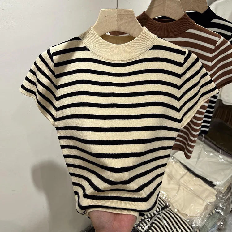 Half Turtleneck Pullover Striped Sweater Sweater Slim Fit Top Shirt Women's Early Spring and Autumn Short Sleeve Bottoming Shirt