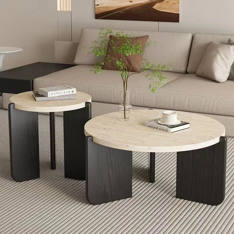 Wabi Sansan Solid Wood Travertine Coffee Table Household Coffee Table Living Room Minimalist Round Natural Travertine Rock Slate