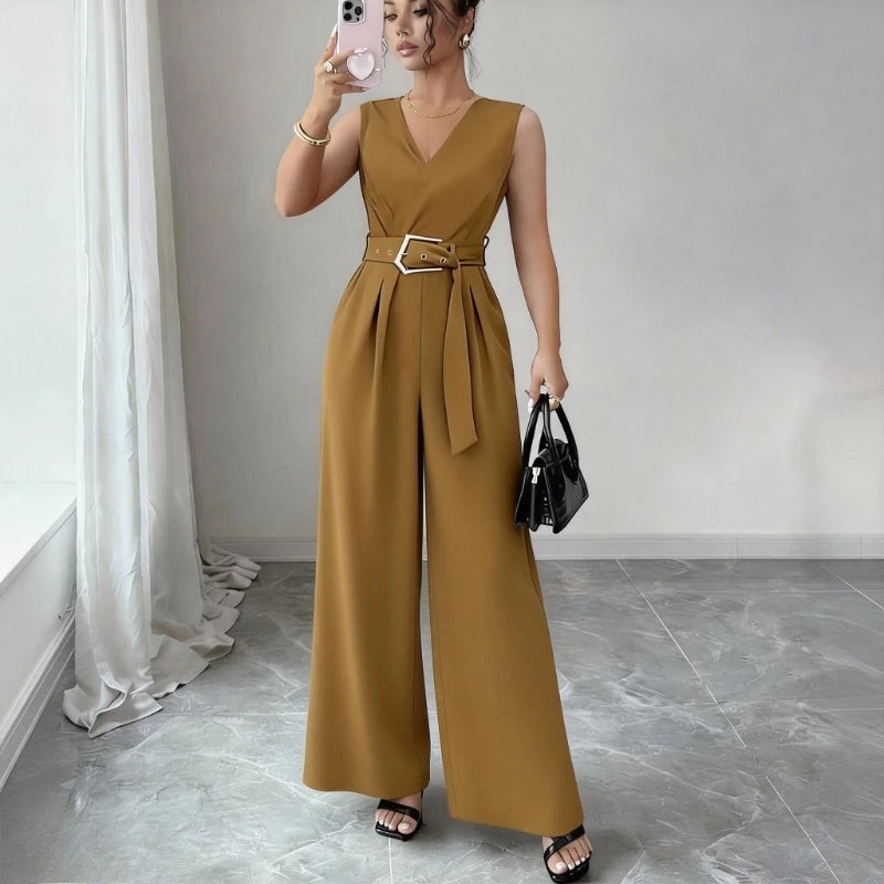Women's Red Sleeveless V-Neck Pants  Belted Tie Waist Wide Leg Jumpsuit Casual Daily Office Party Elegant Romper Bodysuits