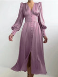 2026 Women's Fashion Satin Dress Lantern Sleeve Waist Slimming Style Elegant Slim Long Dress
