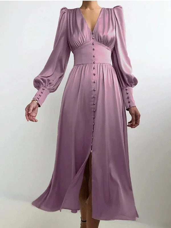 2026 Women's Fashion Satin Dress Lantern Sleeve Waist Slimming Style Elegant Slim Long Dress