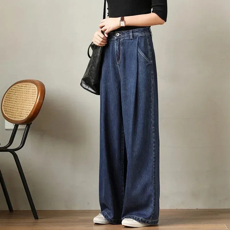 Jeans Wide Leg Pants Women High Waist Washed Distressed Pockets Basics Straight Trousers Denims Streetwear Vintage Floor Length