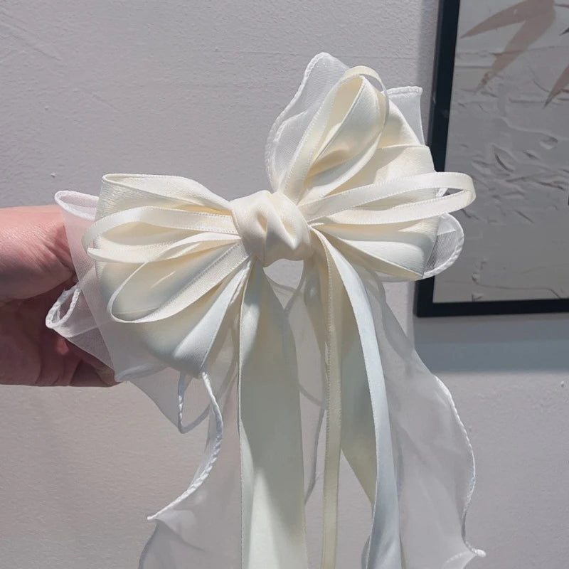 Women Elegant Lace Bow Ribbon Hair Clips Solid Color Satin Заколка Бант Girls Korean Hairpins Party Headdress Hair Accessories