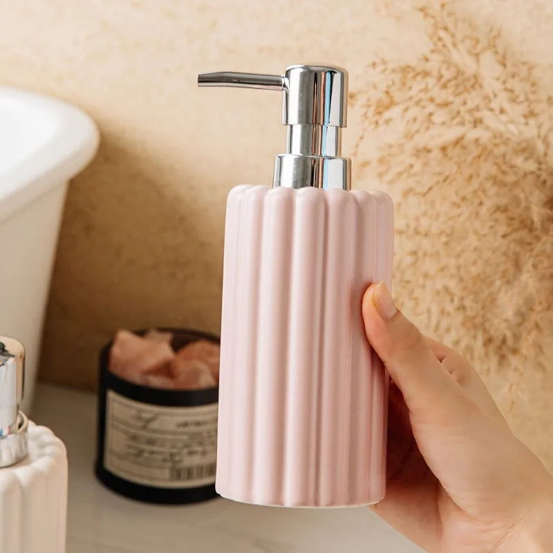 400ml Ceramic Lotion & Soap Dispenser – Pink & White Stripes
