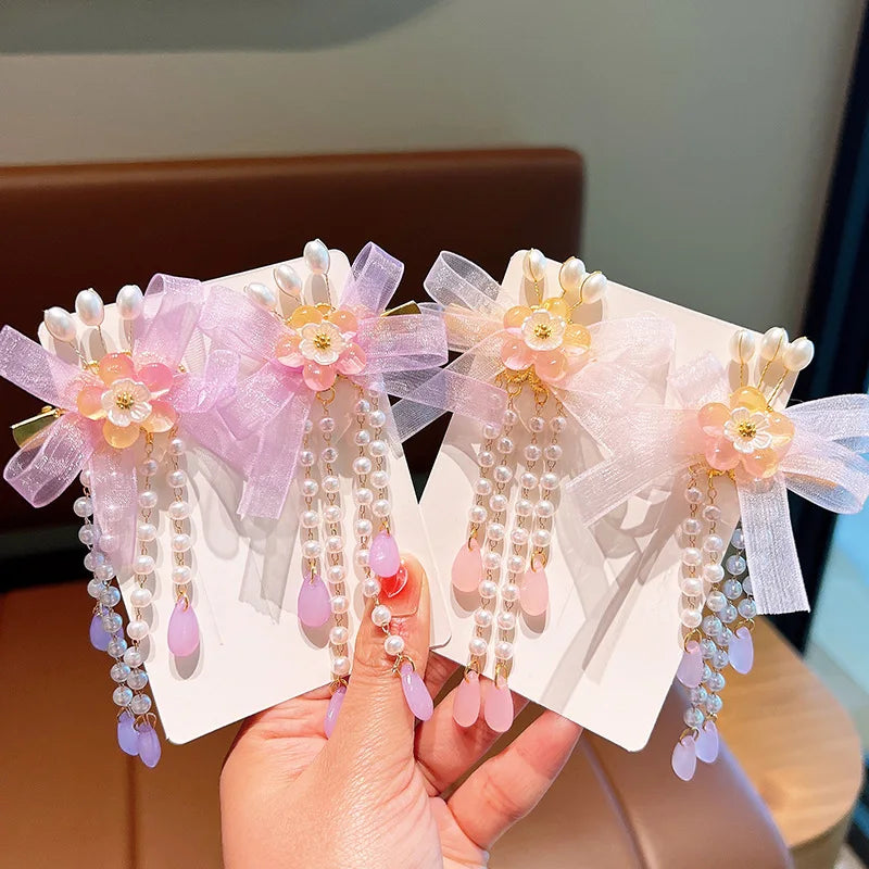 Pink and Blue Ribbon Tassel Hairpin Hair Clip for Children Girl Ancient Style Hanfu Hair Pins Cosplay Hair Accessories