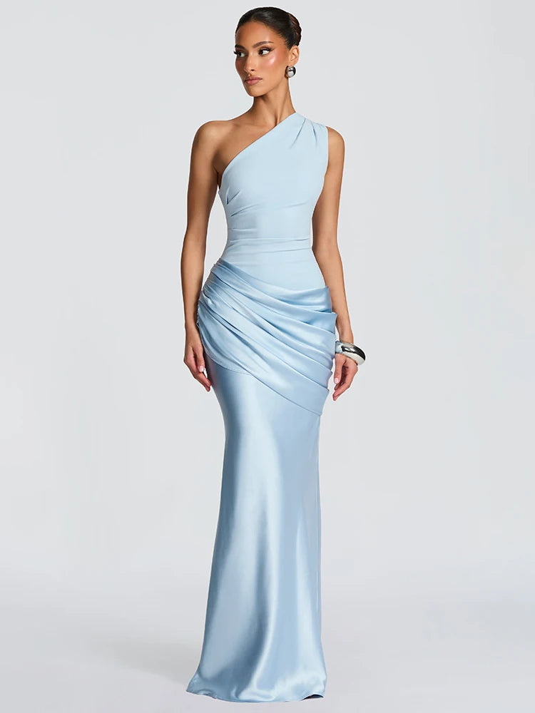 Blifanbo Stain Oblique Shoulder Sexy Maxi Dress Women Gown Ruched Sleeveless Fashion High Waist Club Party Evening Dress Elegant