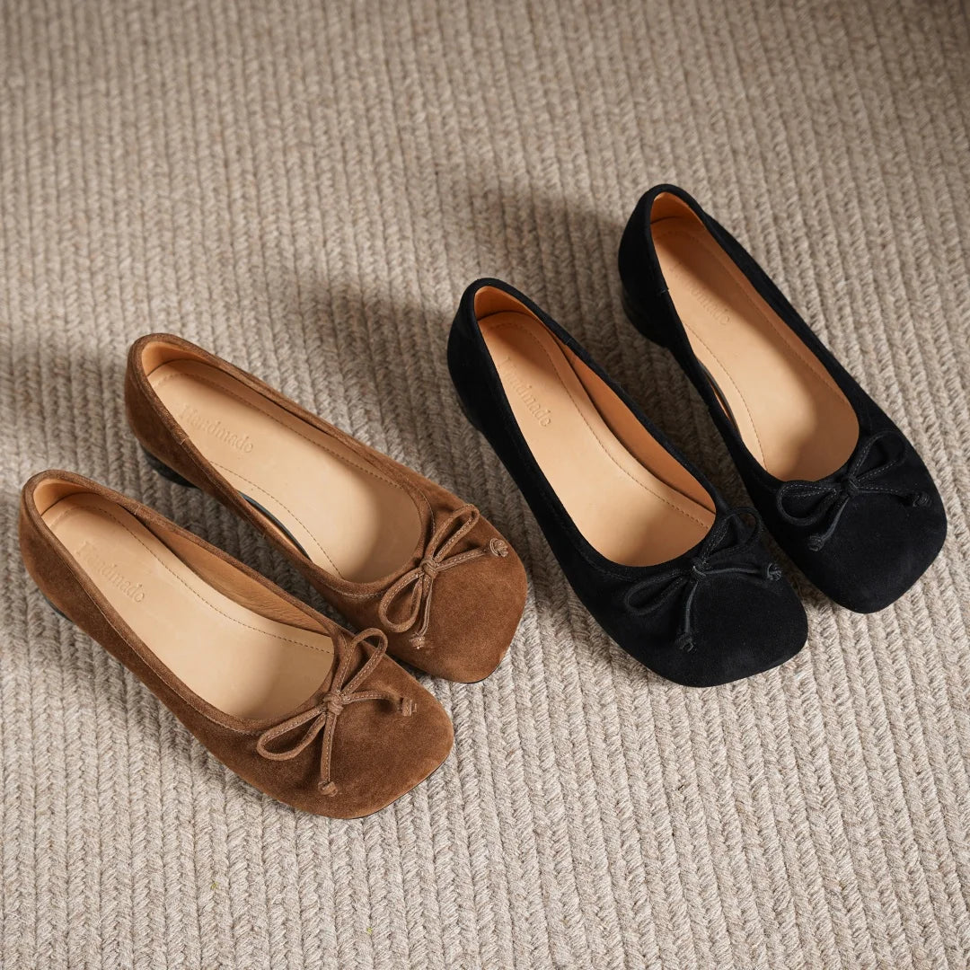 Women's natural suede leather square toe slip-on flats 3cm round low heel sweet bowtie casual female four season shoes for woman