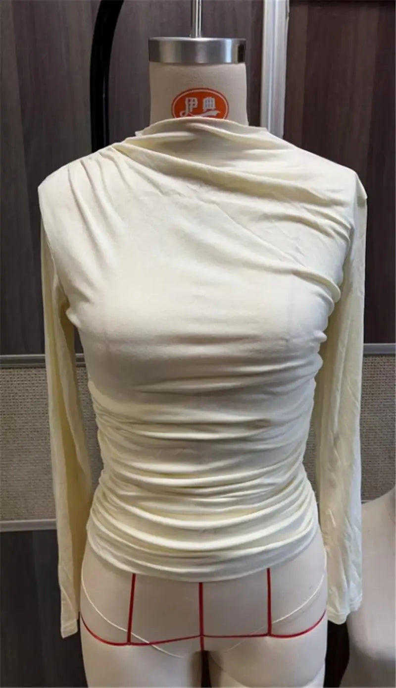 Women's Pleated Long Sleeve T-Shirt Bodycon Fit Polyester Spandex Blend Drawstring Closure  Color European Style Top