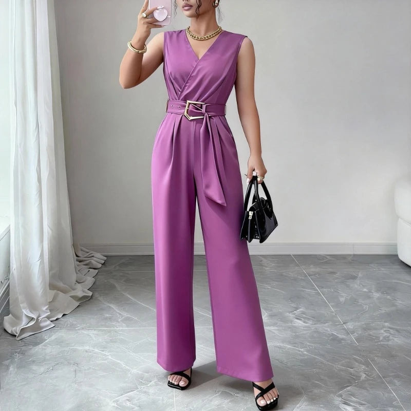 Women's Red Sleeveless V-Neck Pants  Belted Tie Waist Wide Leg Jumpsuit Casual Daily Office Party Elegant Romper Bodysuits
